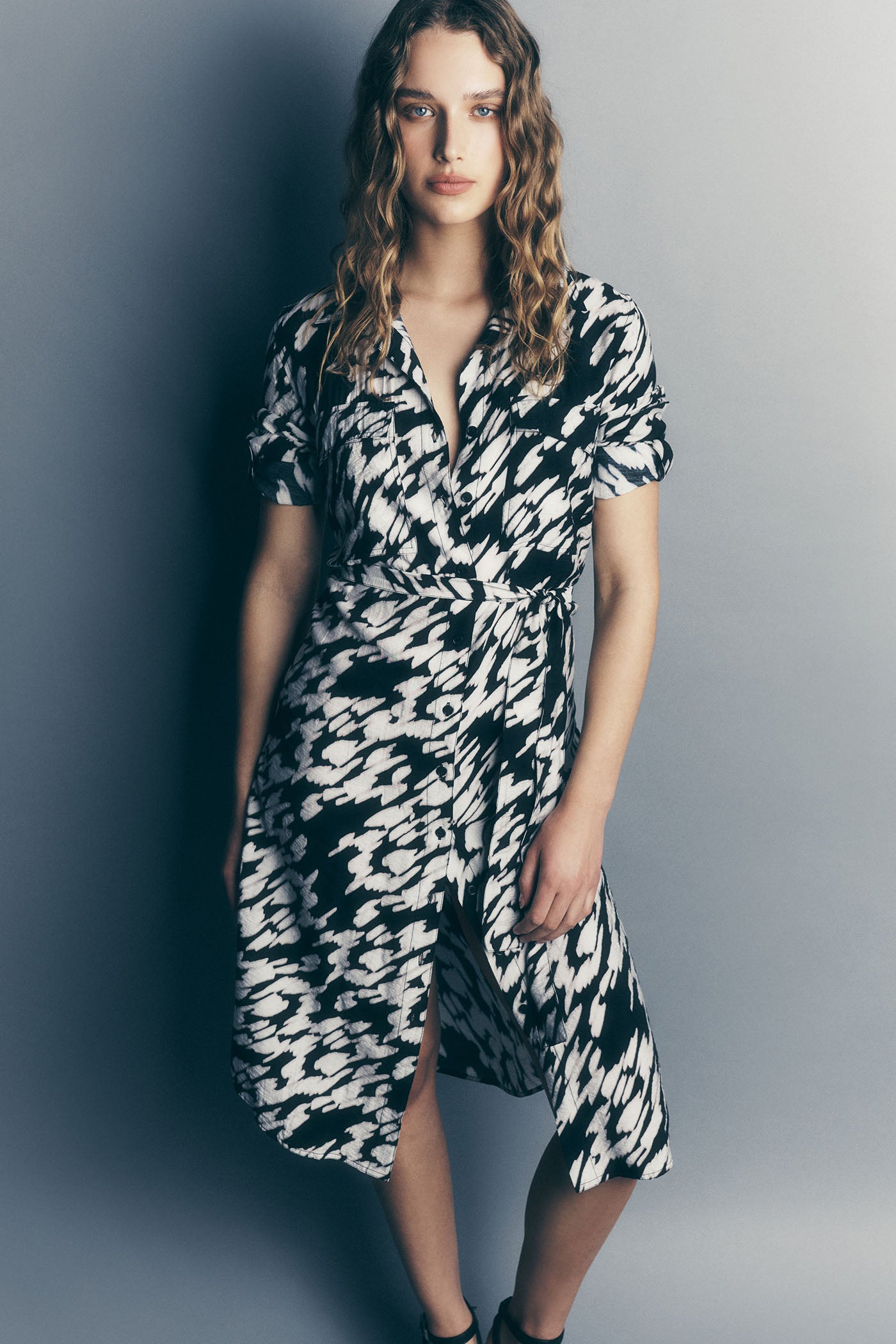 Belted Tiered Midi Shirt Dress for Women