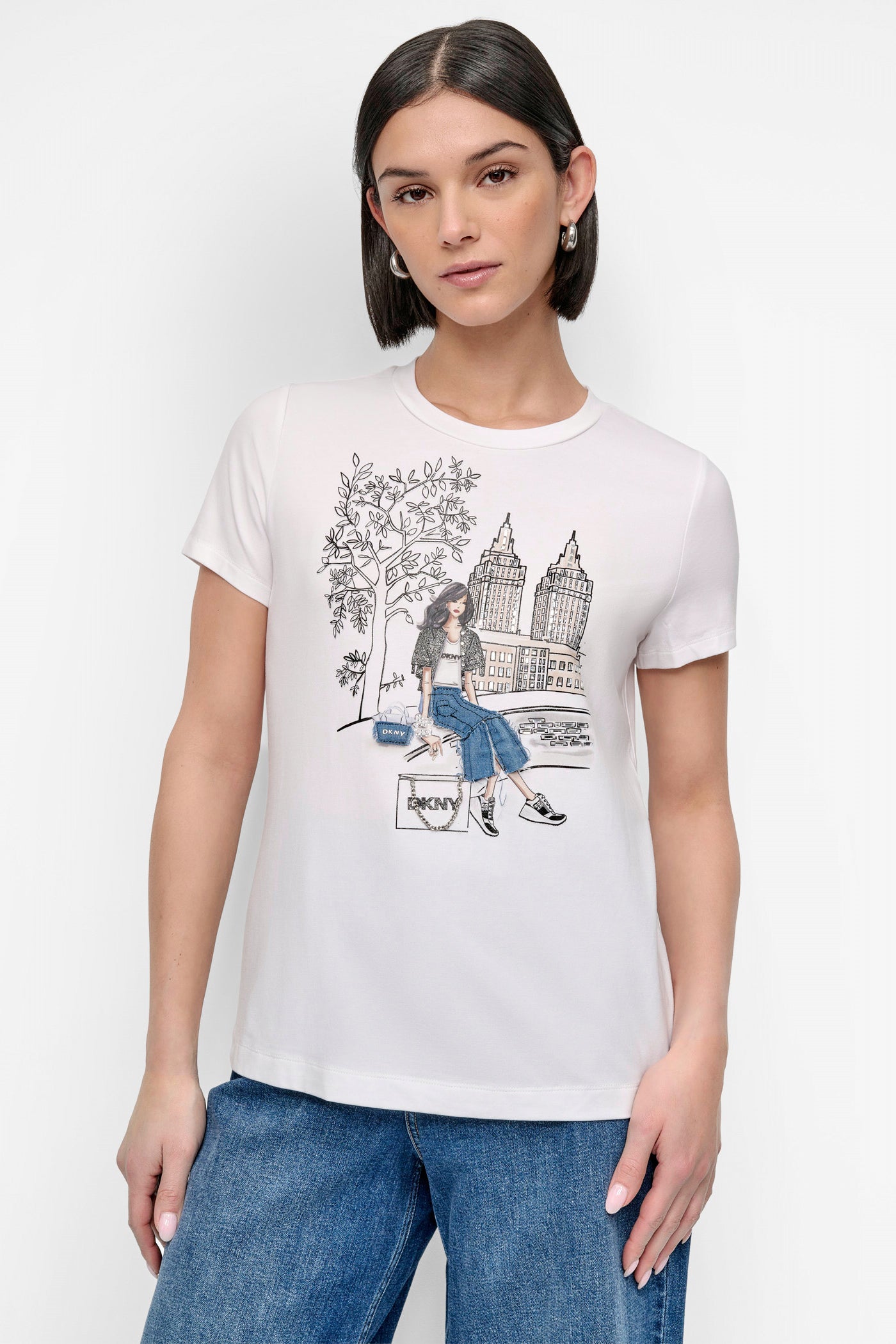 Bow Bridge Graphic Tee with Embellished Design