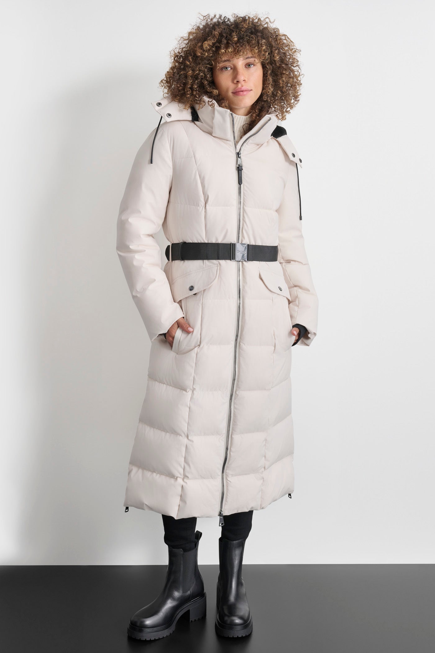 Long Quilted Puffer Coat with Belt