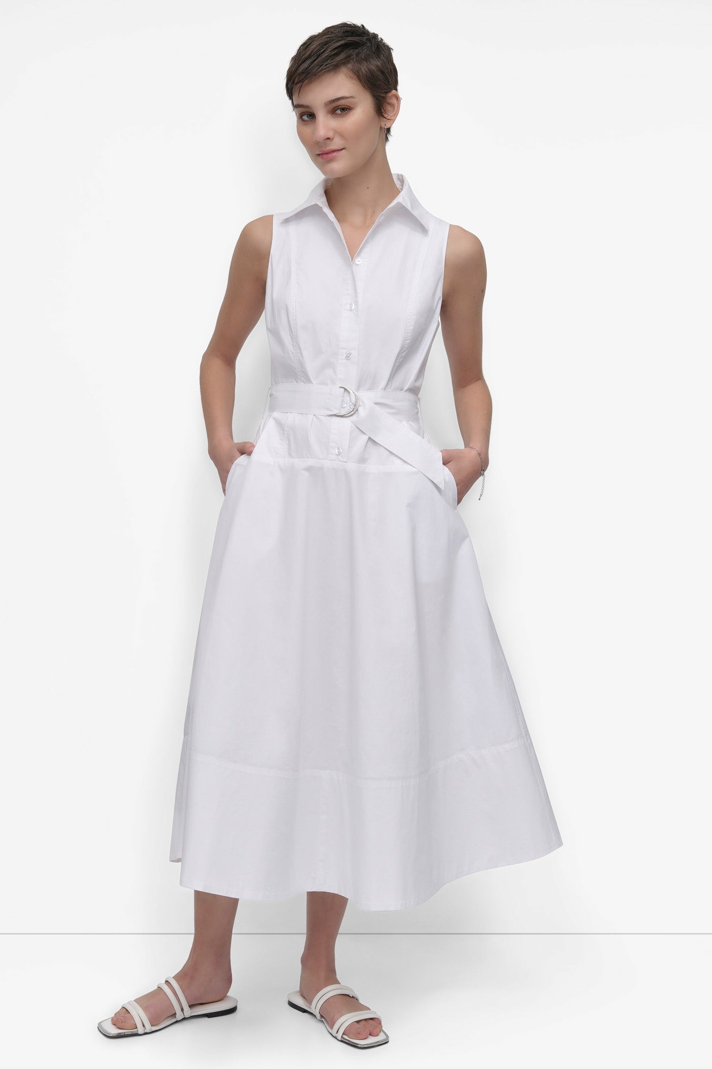Button-Front Sleeveless Poplin Dress with Belt