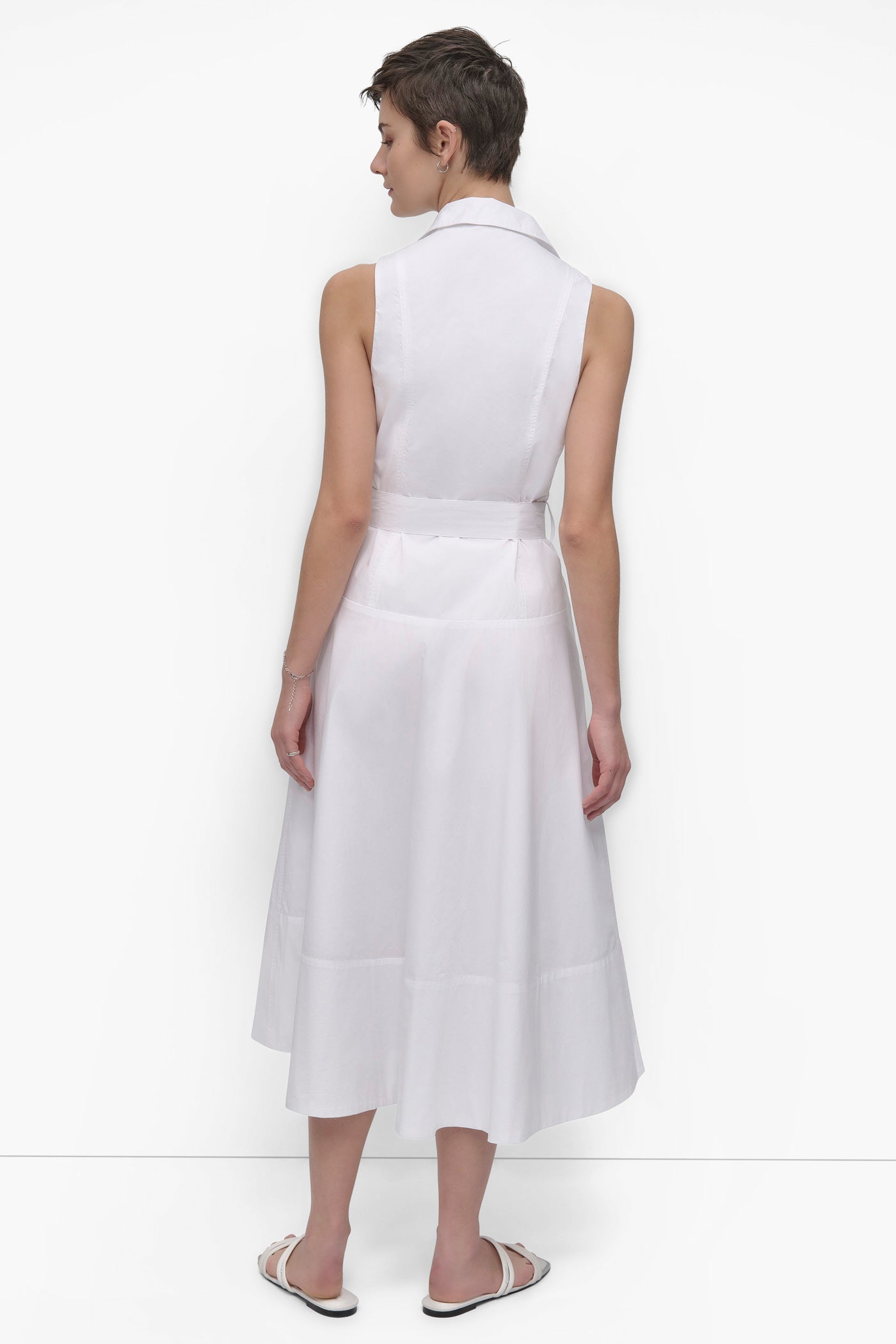 Button-Front Sleeveless Poplin Dress with Belt