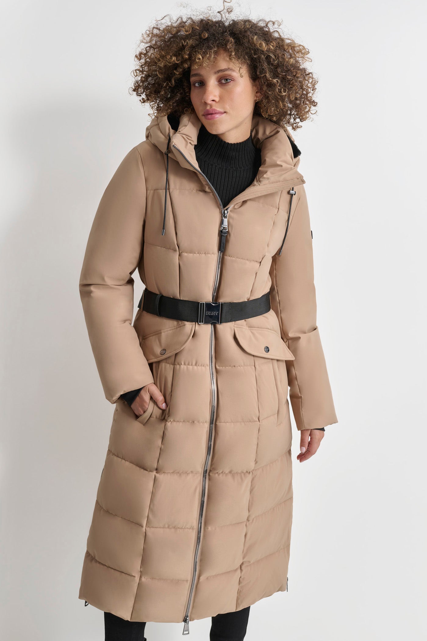 Long Quilted Puffer Coat with Belt