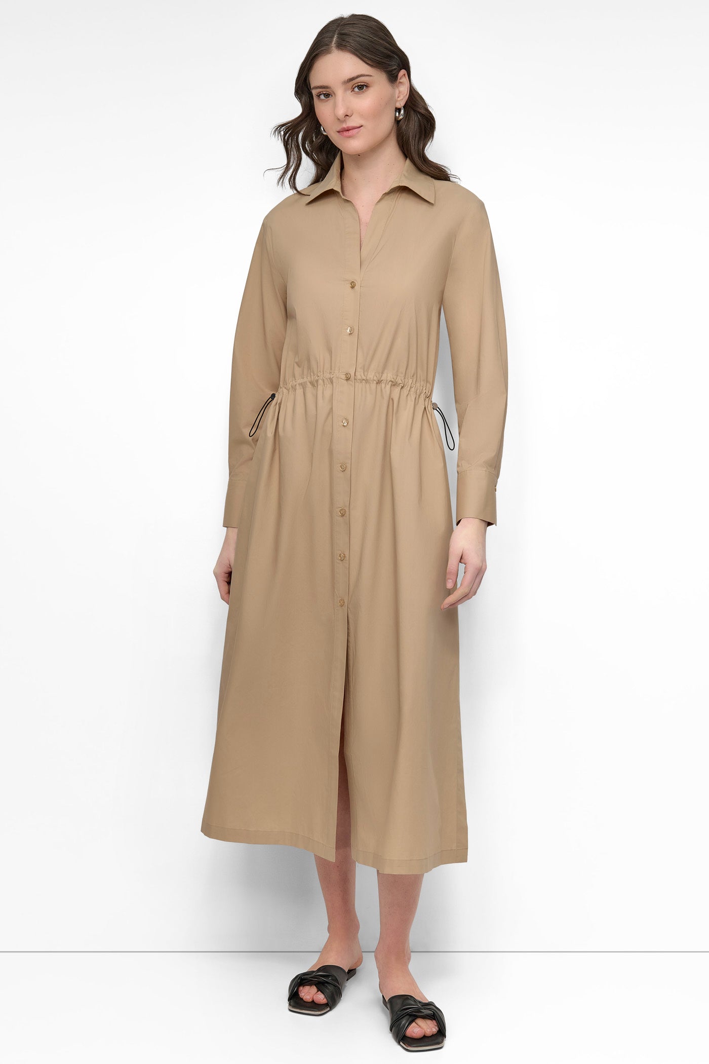 Adjustable Waist Poplin Shirt Dress – Long Sleeve