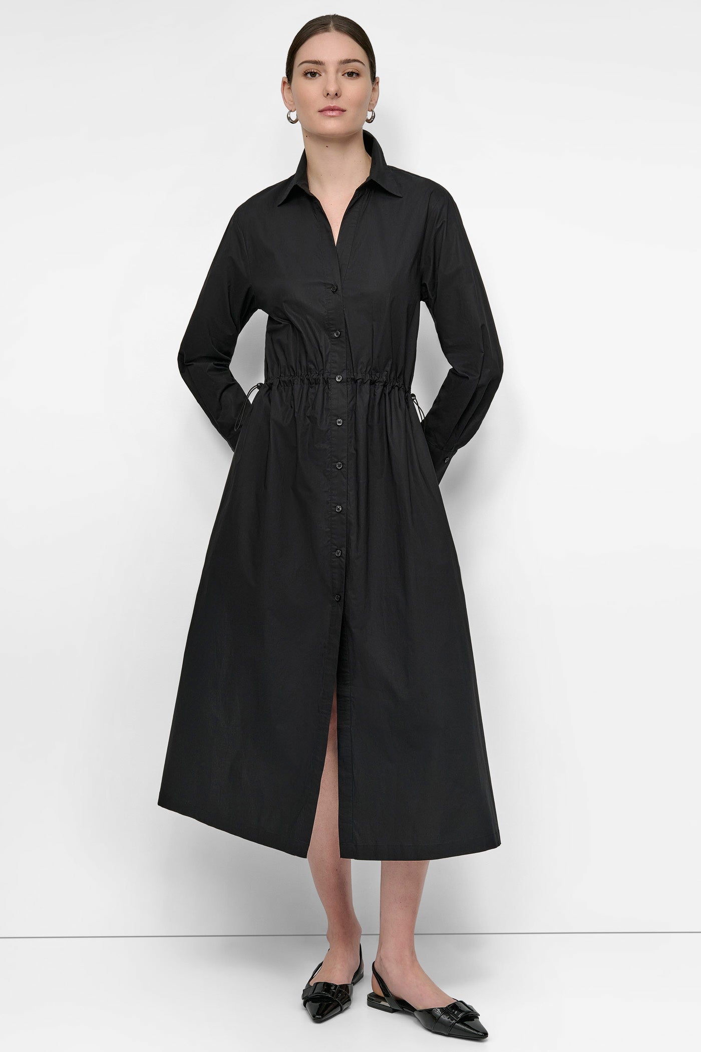 Adjustable Waist Poplin Shirt Dress – Long Sleeve