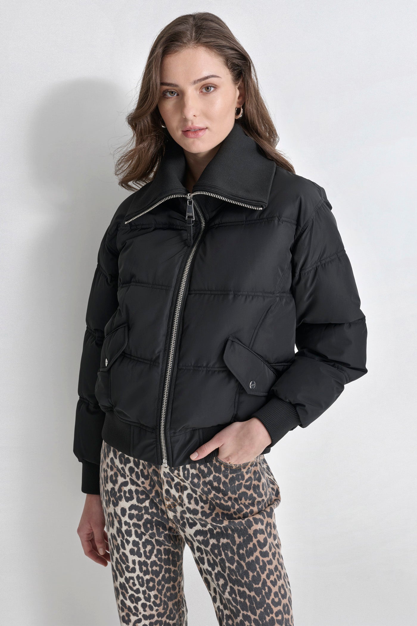 Knit-Trim Zip Puffer Coat for Women