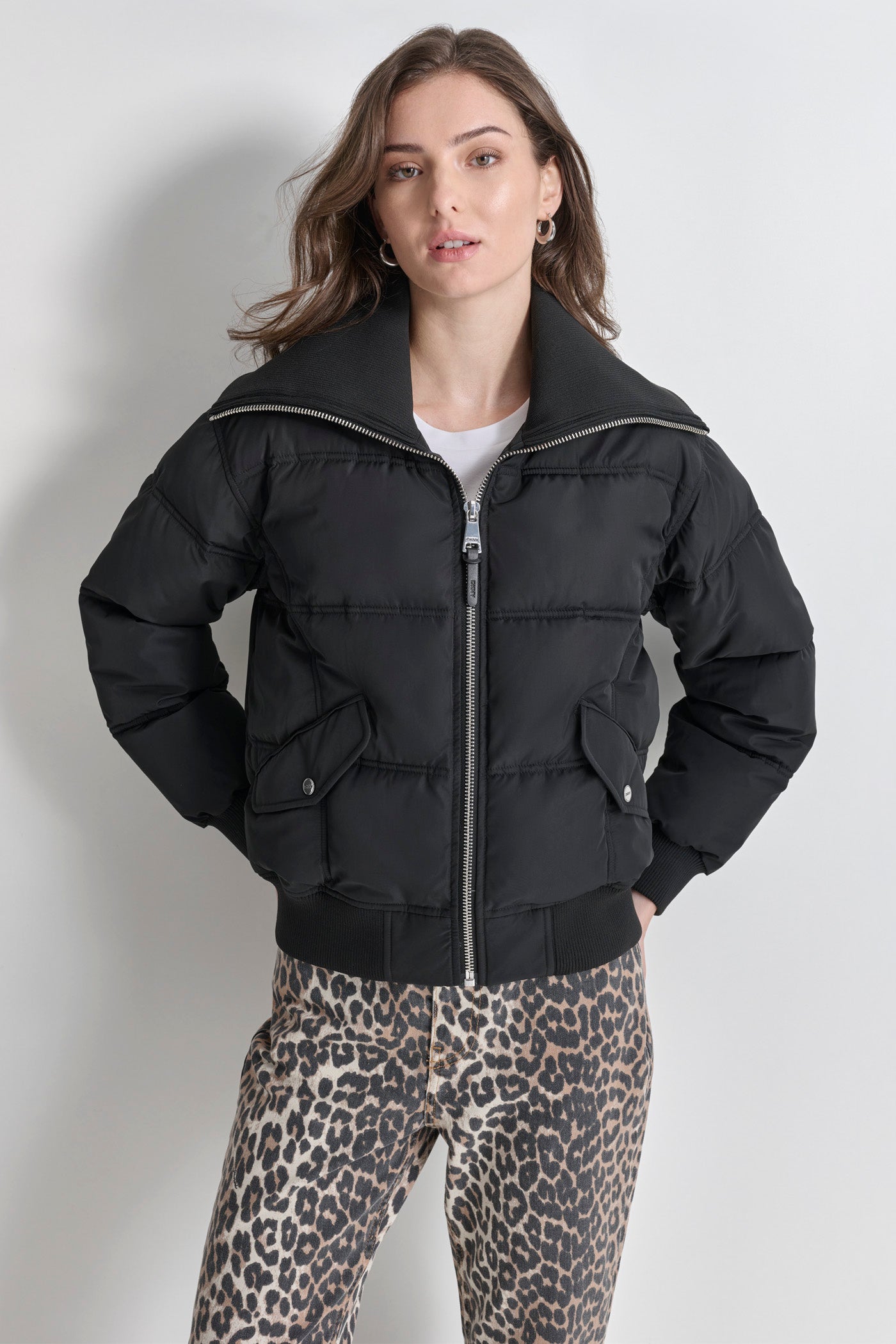 Knit-Trim Zip Puffer Coat for Women