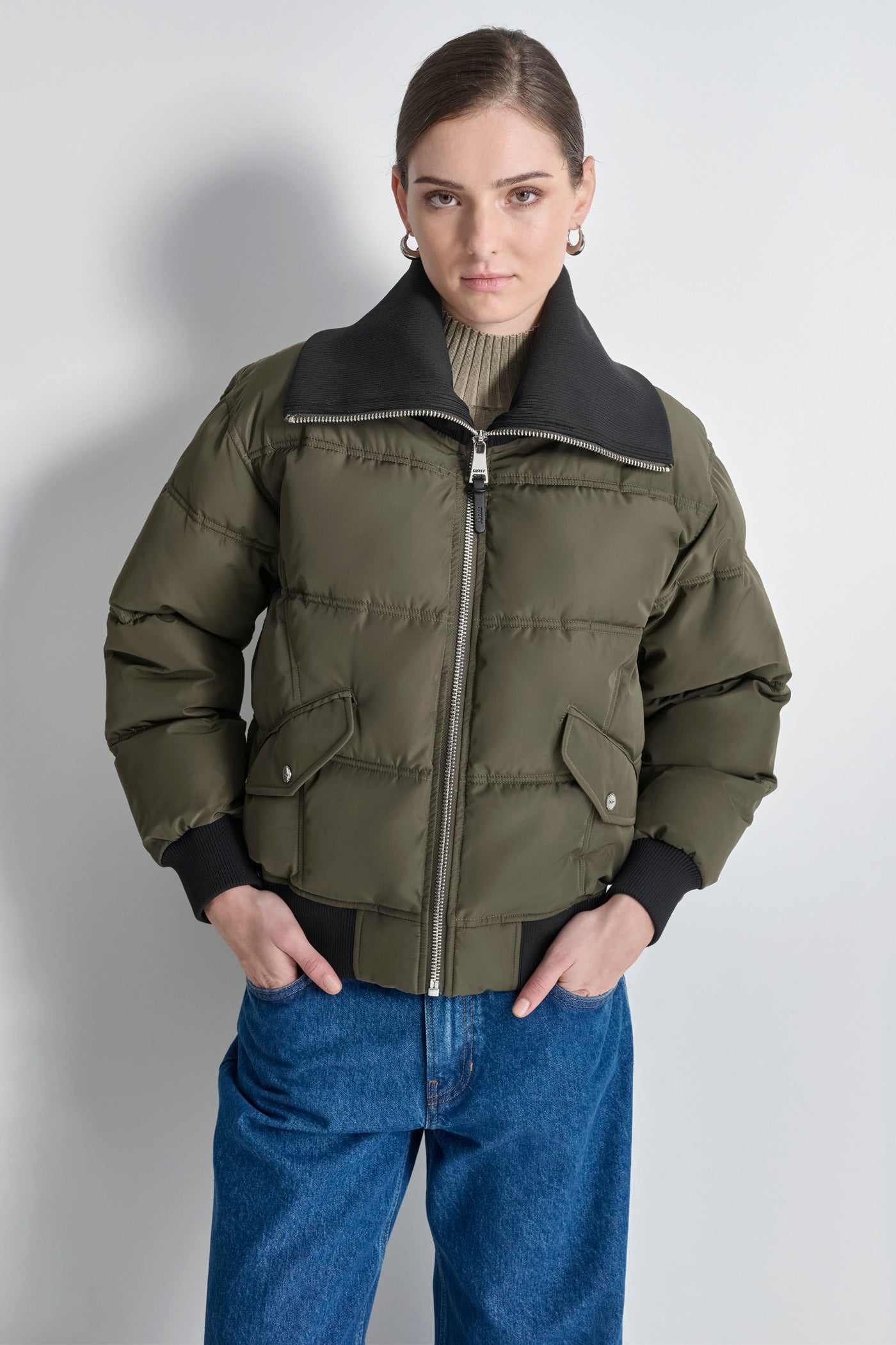 Knit-Trim Zip Puffer Coat for Women