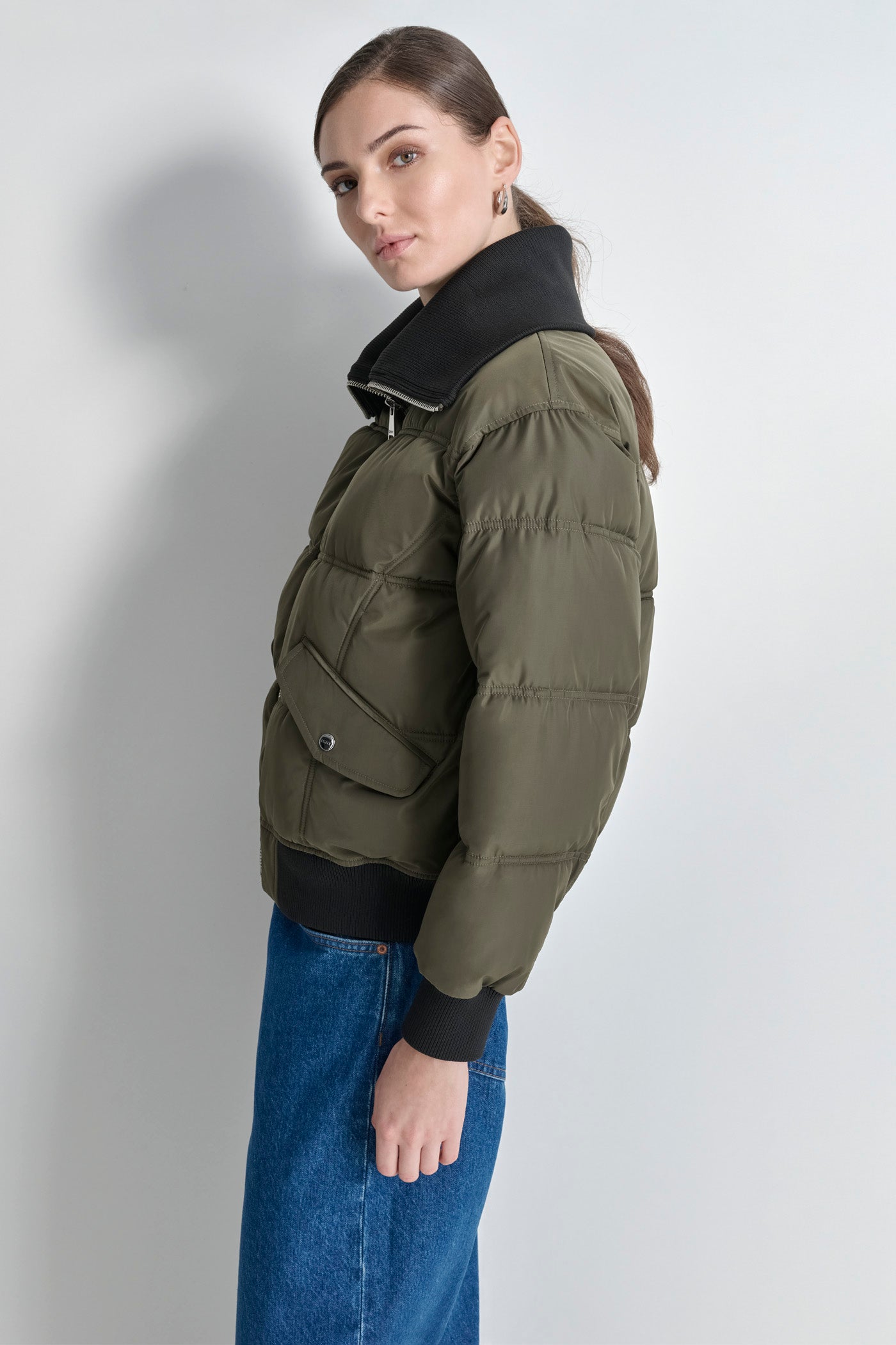 Knit-Trim Zip Puffer Coat for Women