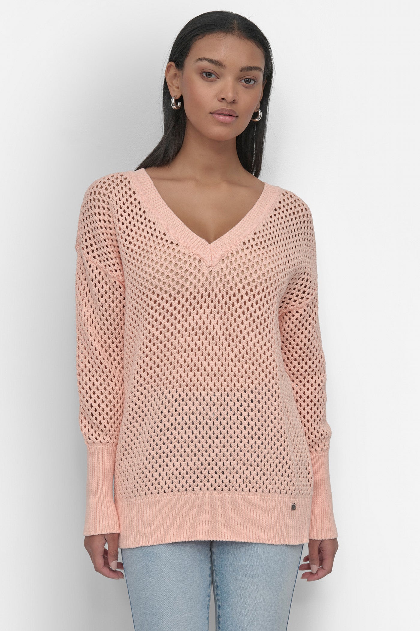 3/4 Sleeve Crew Neck Pointelle Knit Top