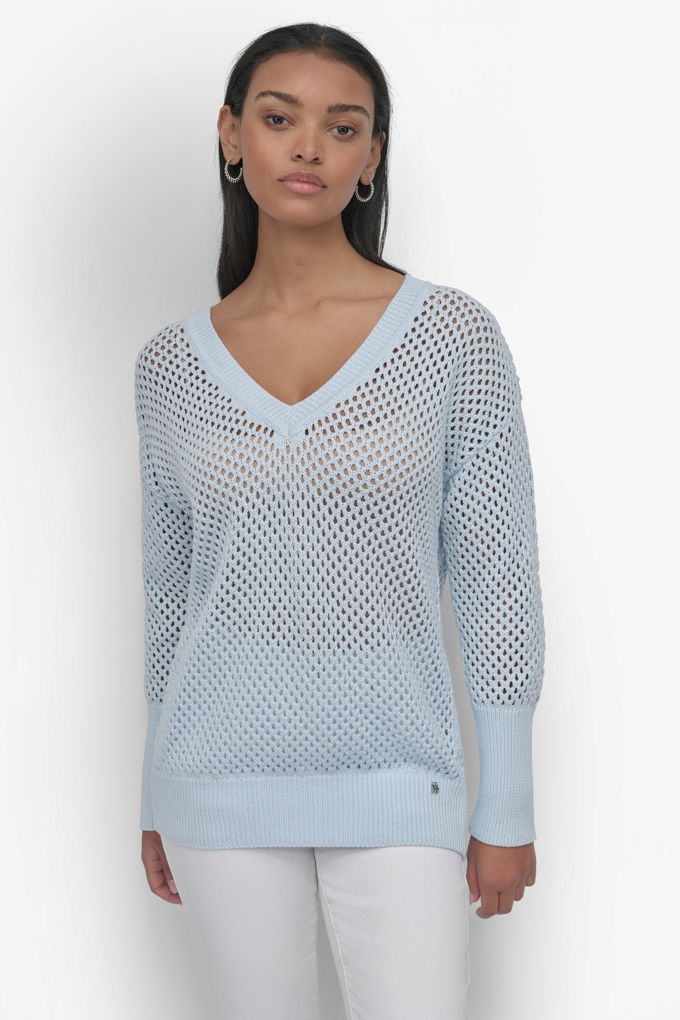 3/4 Sleeve Crew Neck Pointelle Knit Top