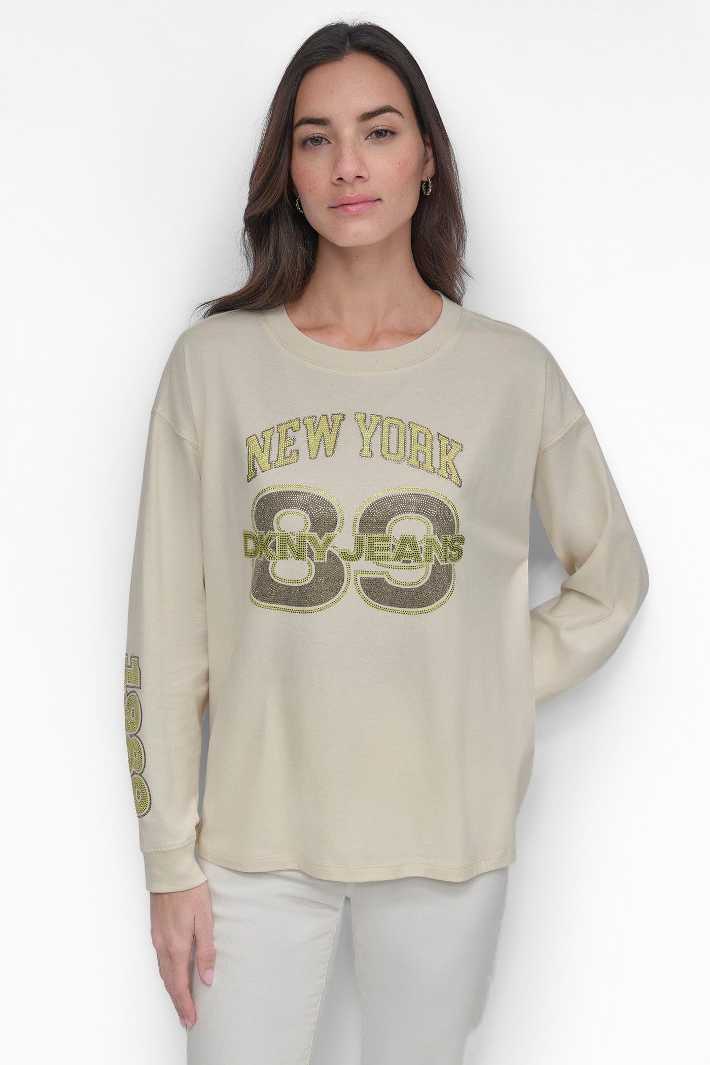 Long Sleeve Rhinestone Tee with Multi-Color Logo